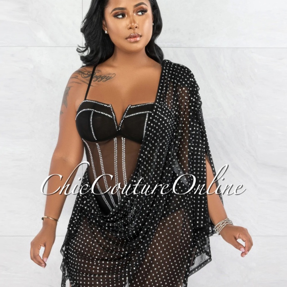 Black Mesh Rhinestone Dress